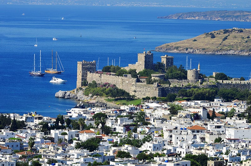 View of Bodrum harbor on the Turkish Riviera during a hot summer day