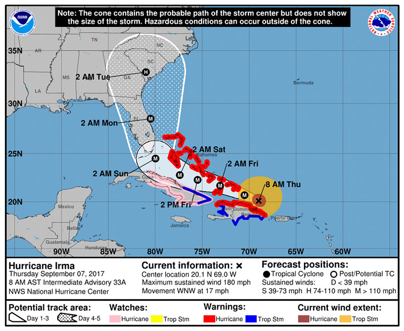 Thursday morning map showing Hurricane Irmas projected path