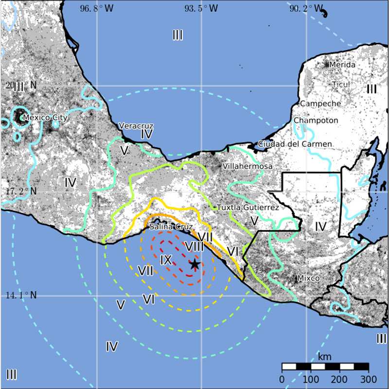 Map of the effects of the Mexico earthquake near Chiapas