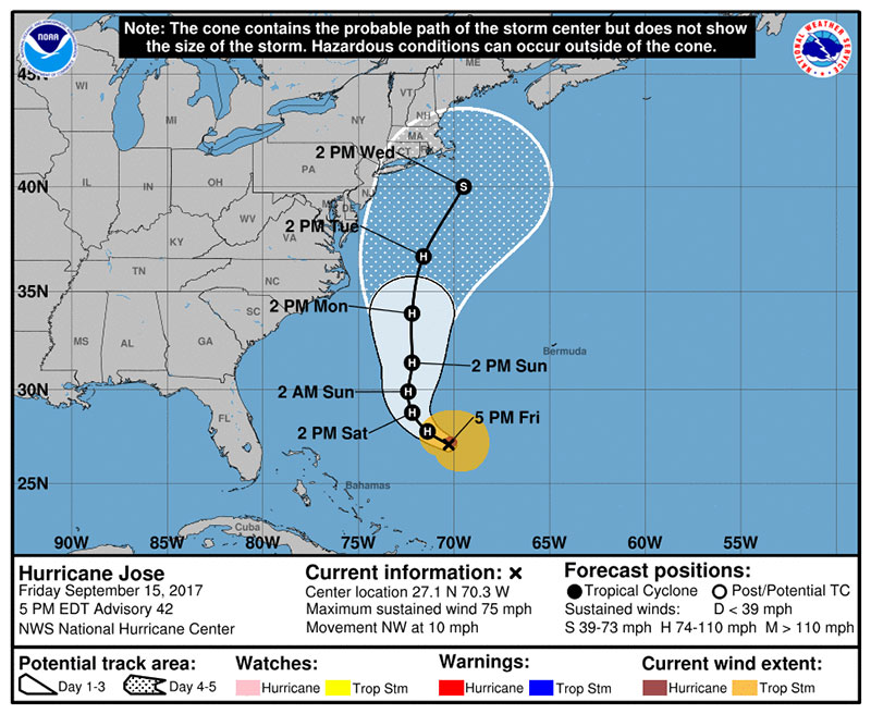 A map of Hurricane Joses projected path as of Friday evening