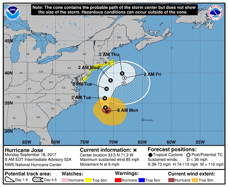 Map showing the forecast path of Hurricane Jose as of Monday morning