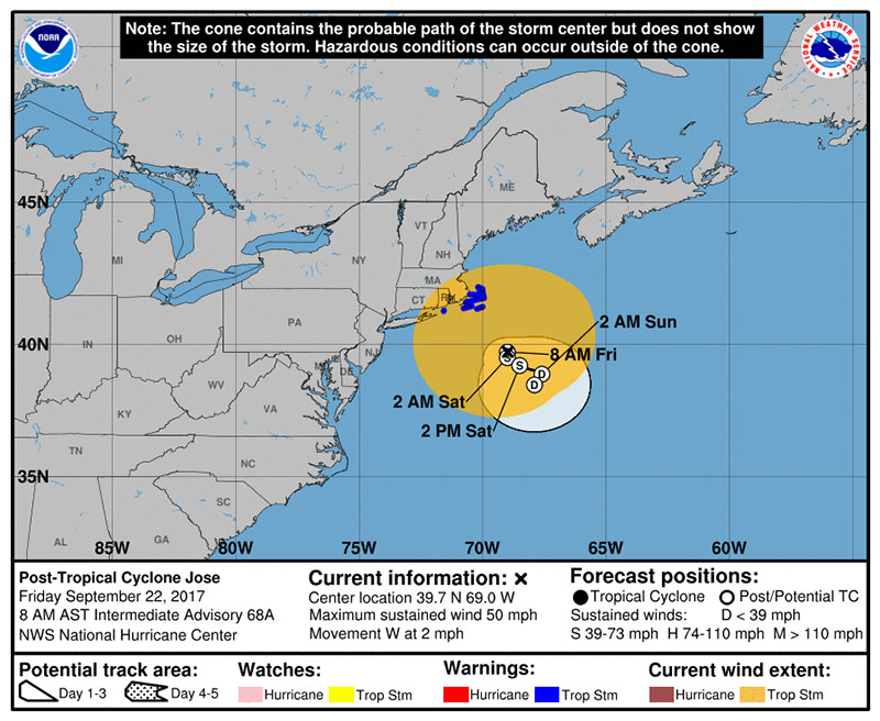 The forecast track of Post-Tropical Cyclone Jose as of Friday morning