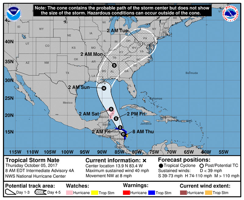 Forecast track for Tropical Storm Nate as of Monday morning