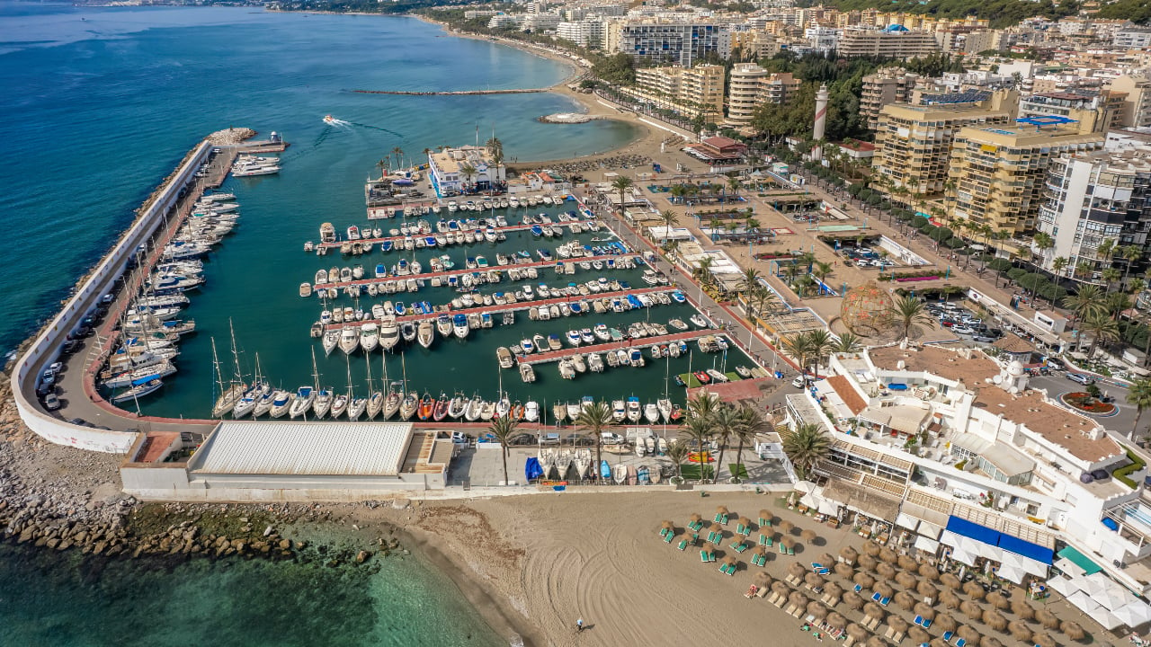 Aerial view of the beach and downtown district of Marbella Spain