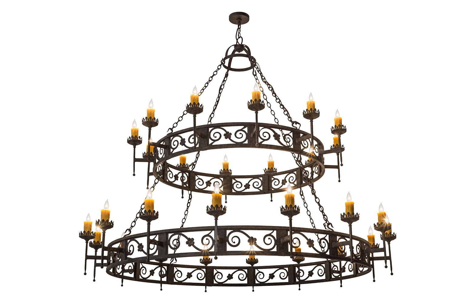 The chandelier has elaborate scroll accents with floral medallions and decorative bobeches which embrace 28 amber faux candl