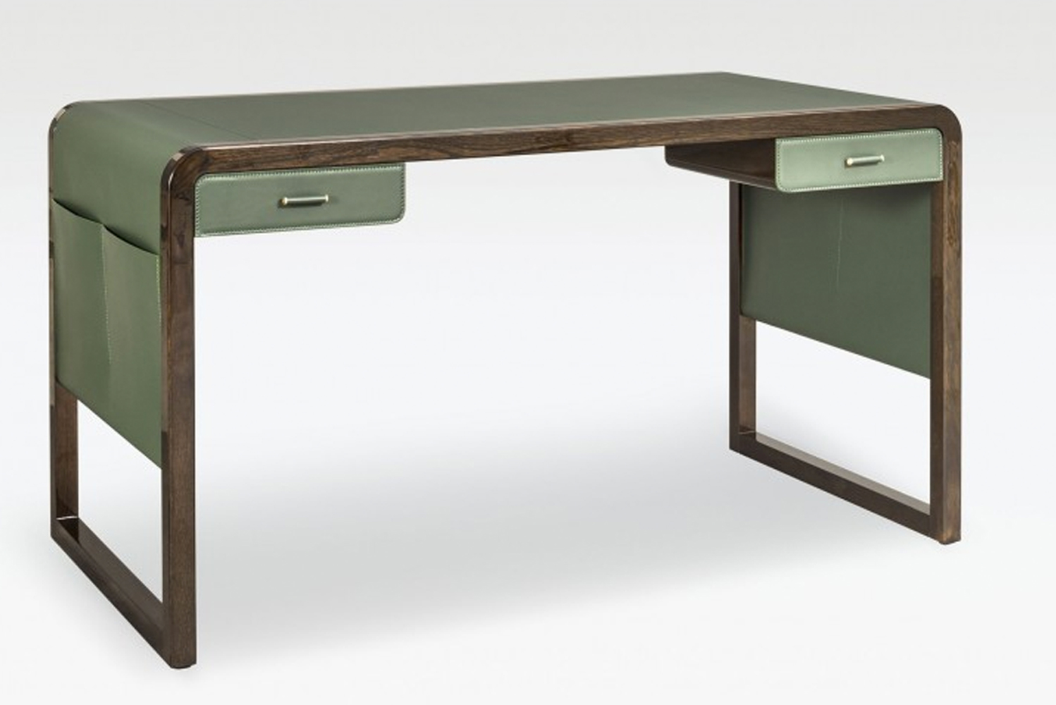 Fashioned of dark elm wood and green leather Jolie has two drawers as well as leather pockets on both sides 