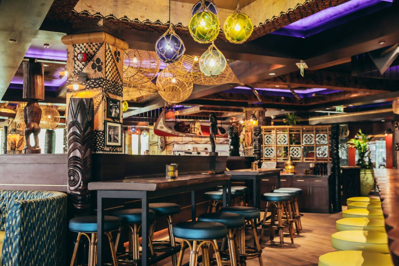 bar and restaurant with island-themed decor