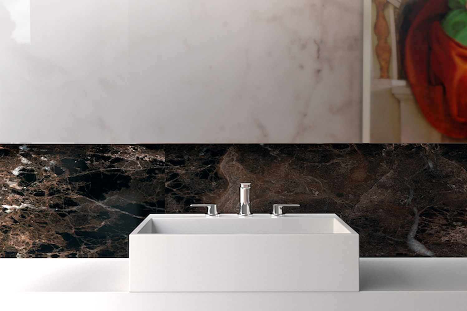 Named Sublime the sink has a geometric basin in either countertop of vanity mounts 