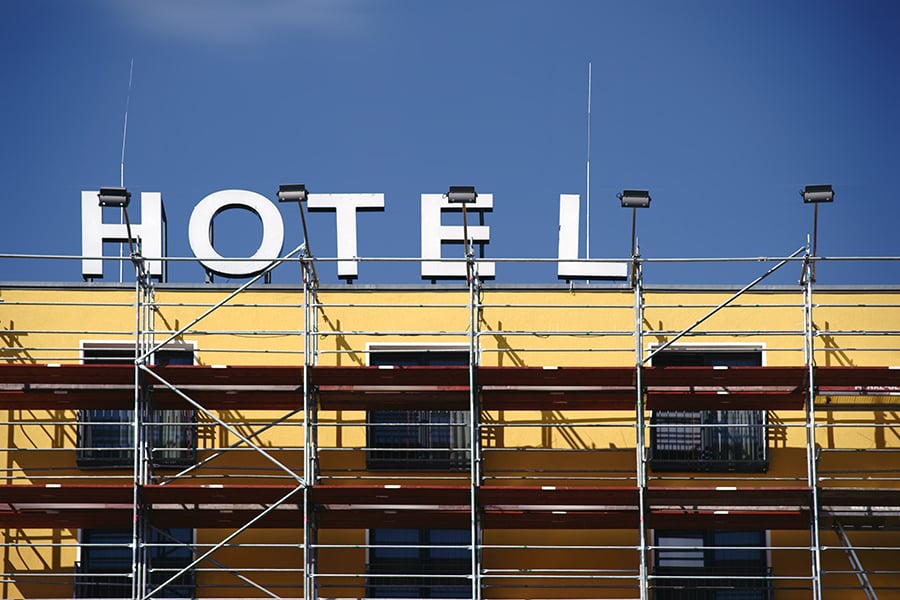 Hotel exterior with scaffolding