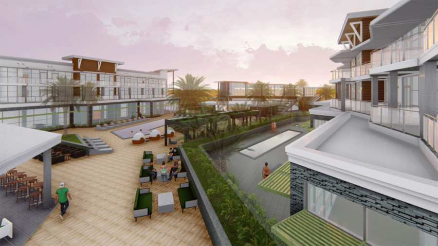 Rendering of the hotel with the exterior of outside common space visible