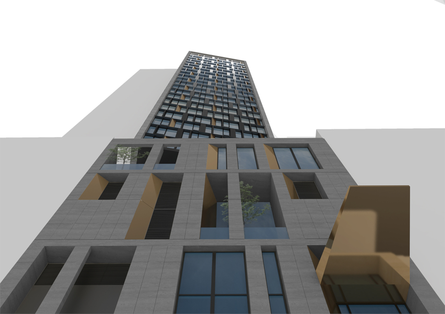 A rendering looking up at the AC Hotel New York NoMad