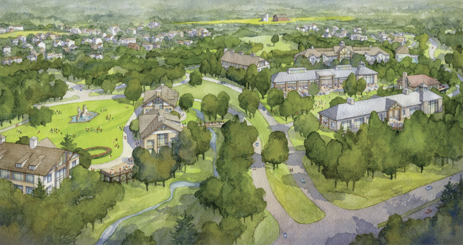 Rendering of view looking to Village Green at Bellefield at Historic Hyde Park