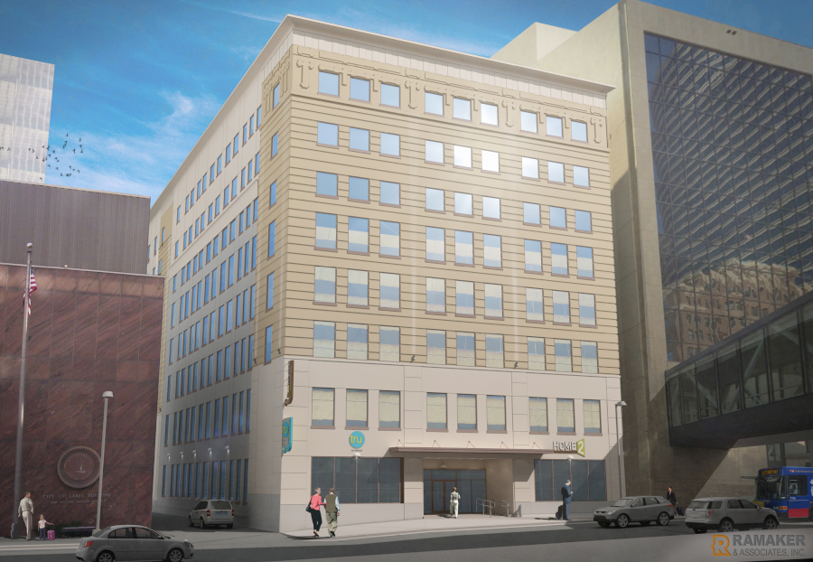 Rendering of the dual-branded Tru by HiltonHome2 Suites by Hilton in Minneapolis