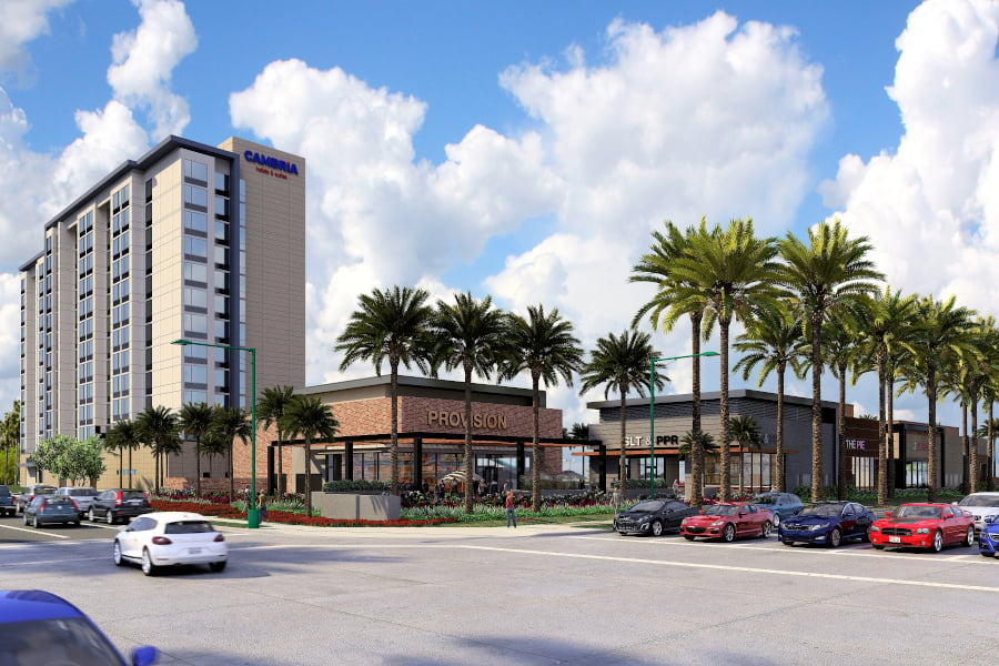 Rendering of the corner of the property where you can see the hotel tower as well as the food retail