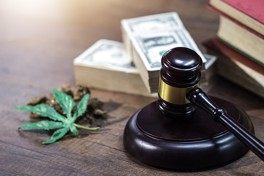 A gavel and cannabis leaf