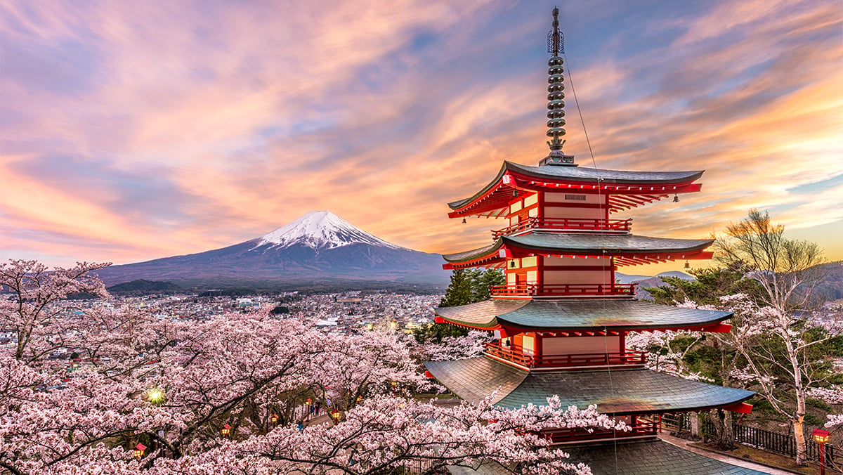 Fujiyoshida Japan at Chureito Pagoda and Mt Fuji in the spring with cherry blossoms