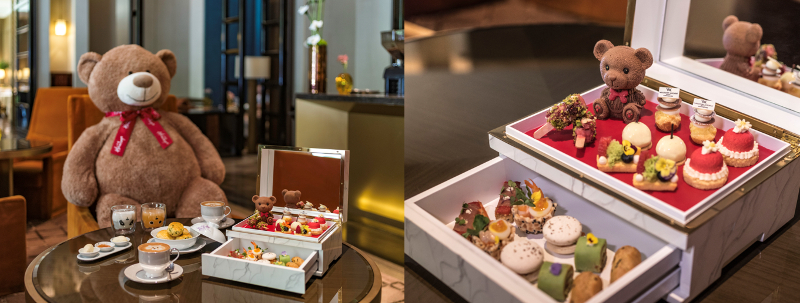 Two pictures of Waldorf Astorias new afternoon tea program centered on a Hamleys bear