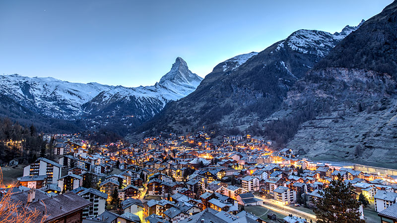 Panoramic view of the famous Matterhorn and Zermatt in the Swiss Alps in the evening