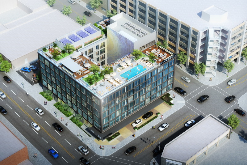 An aerial rendering of The Godfrey Hotel Hollywood