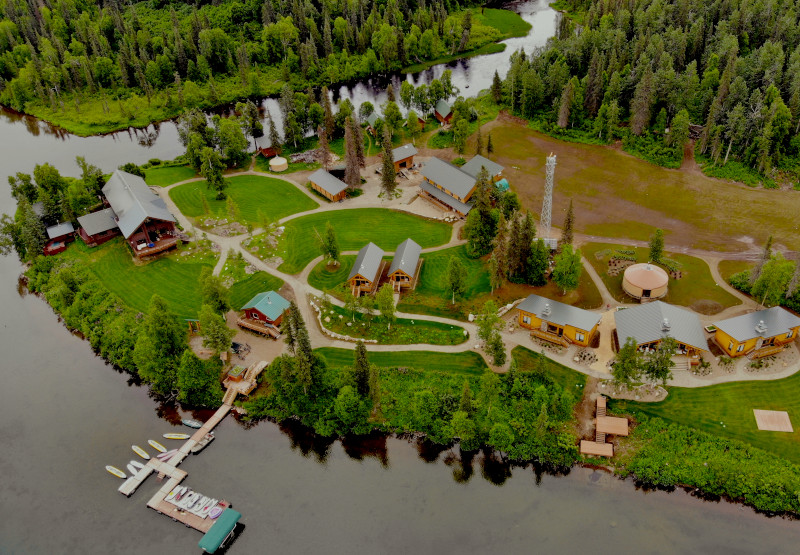 aerial view of Lodge during the fall season with buildings scattered 