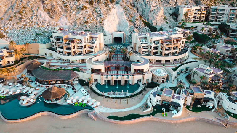 Aerial view of the resort along the beach 