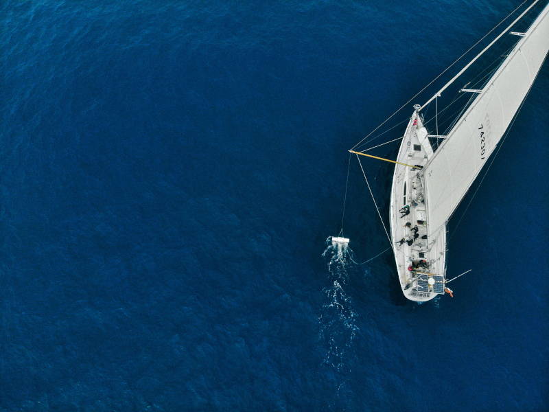 Aerial overhead view of the sailing ship 