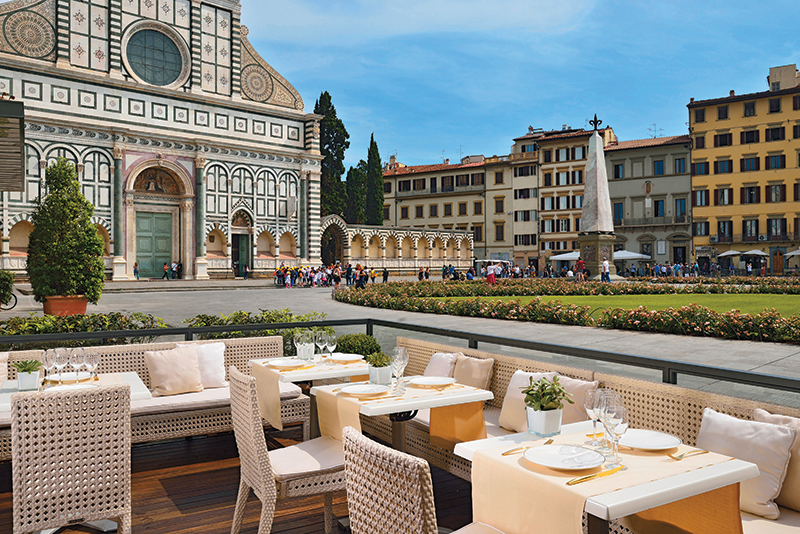 At Grand Hotel Minerva guests dining at the Bistrot La Buona Novellas al fresco terrace can gaze at the piazza and the 