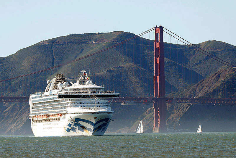 In this Feb 11 2020 photo the Grand Princess cruise ship passes the Golden Gate Bridge as it arrives from Hawaii in San Fr