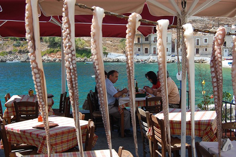 octopus hanging at a restaurant in the Peloponnese Peninsula Greece