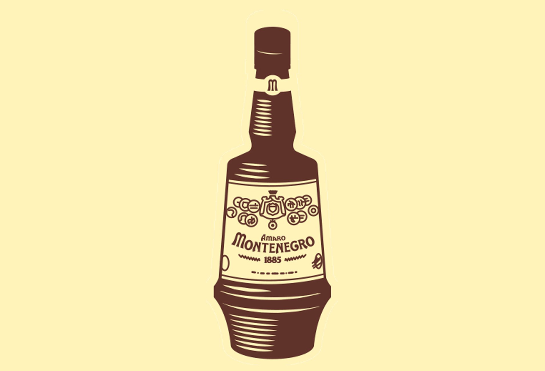 Amaro Montenegro bottle illustration landscape