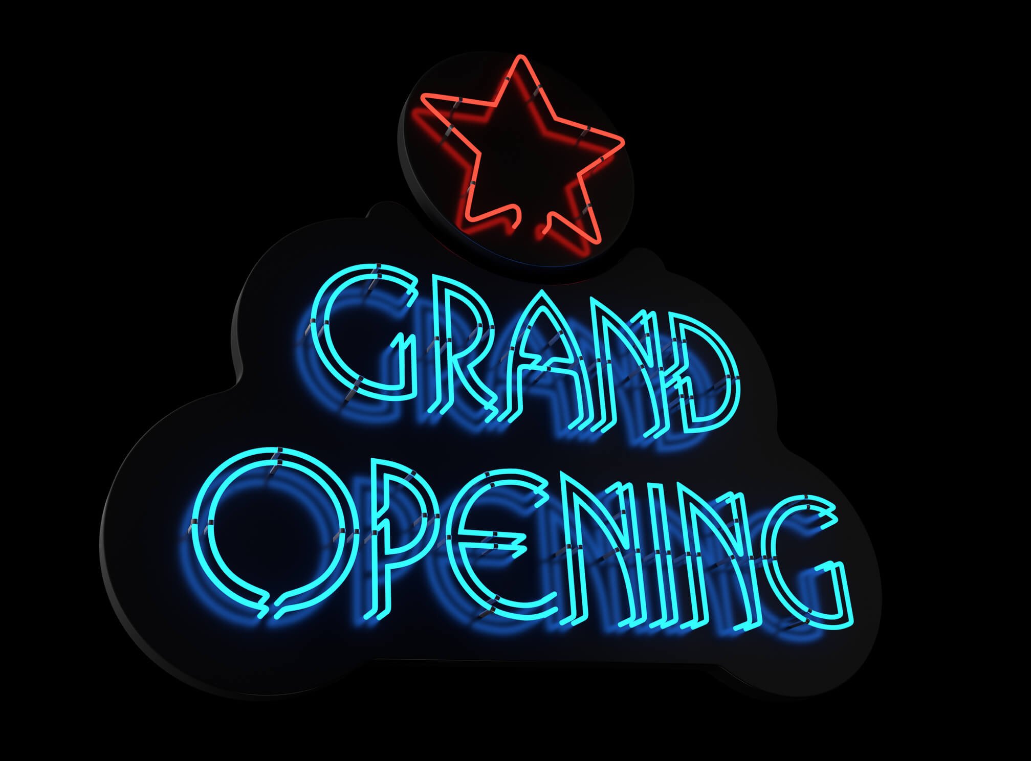 Grand opening sign with red star in neon