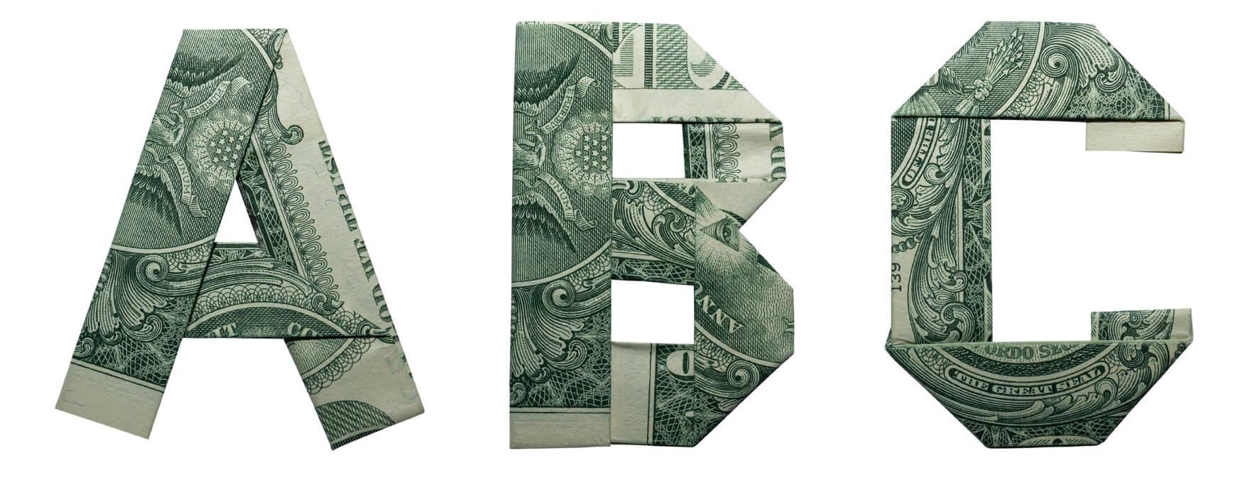 ABC made of cash folded into origami letters