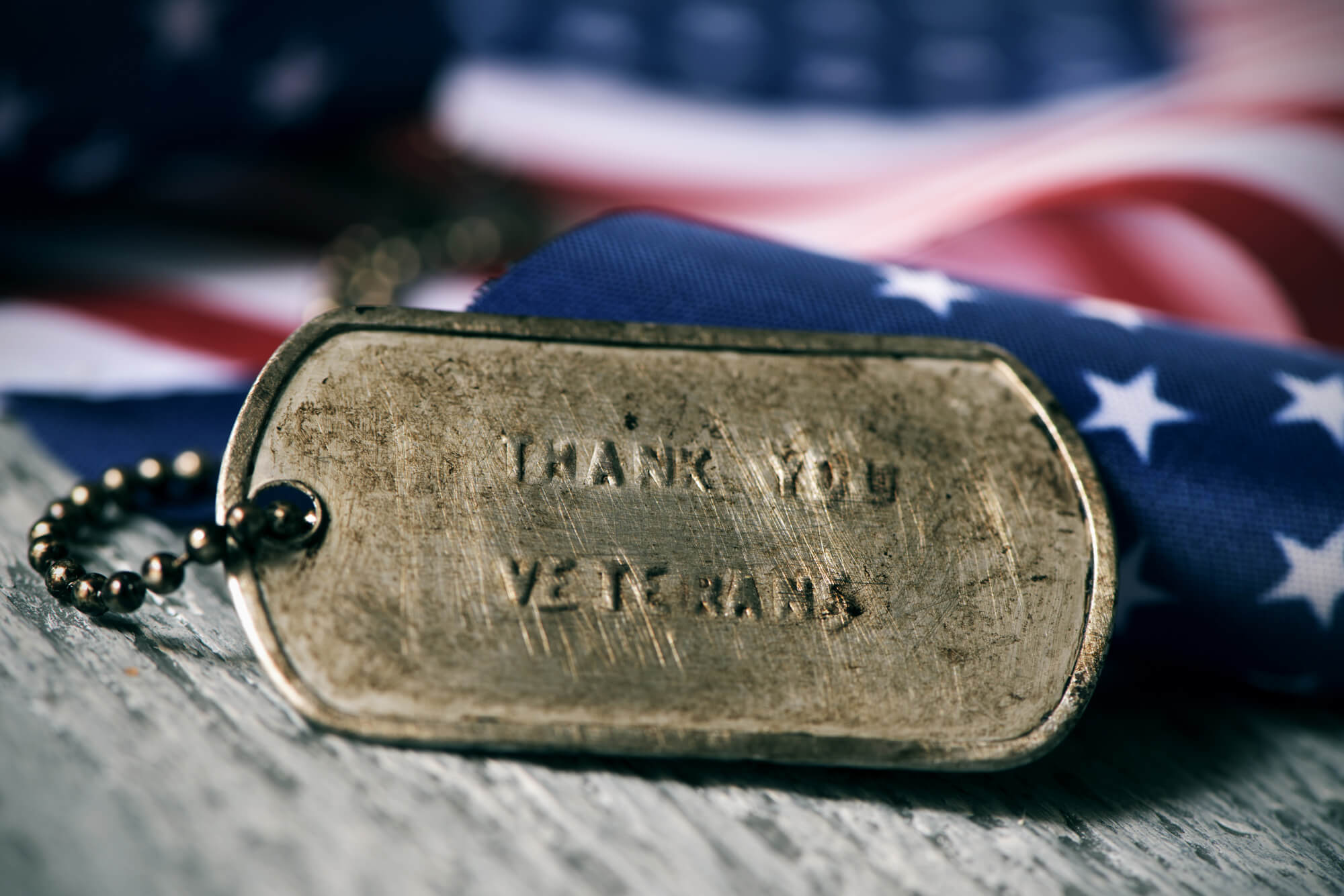 Thank you veterans on dog tag with American flag background