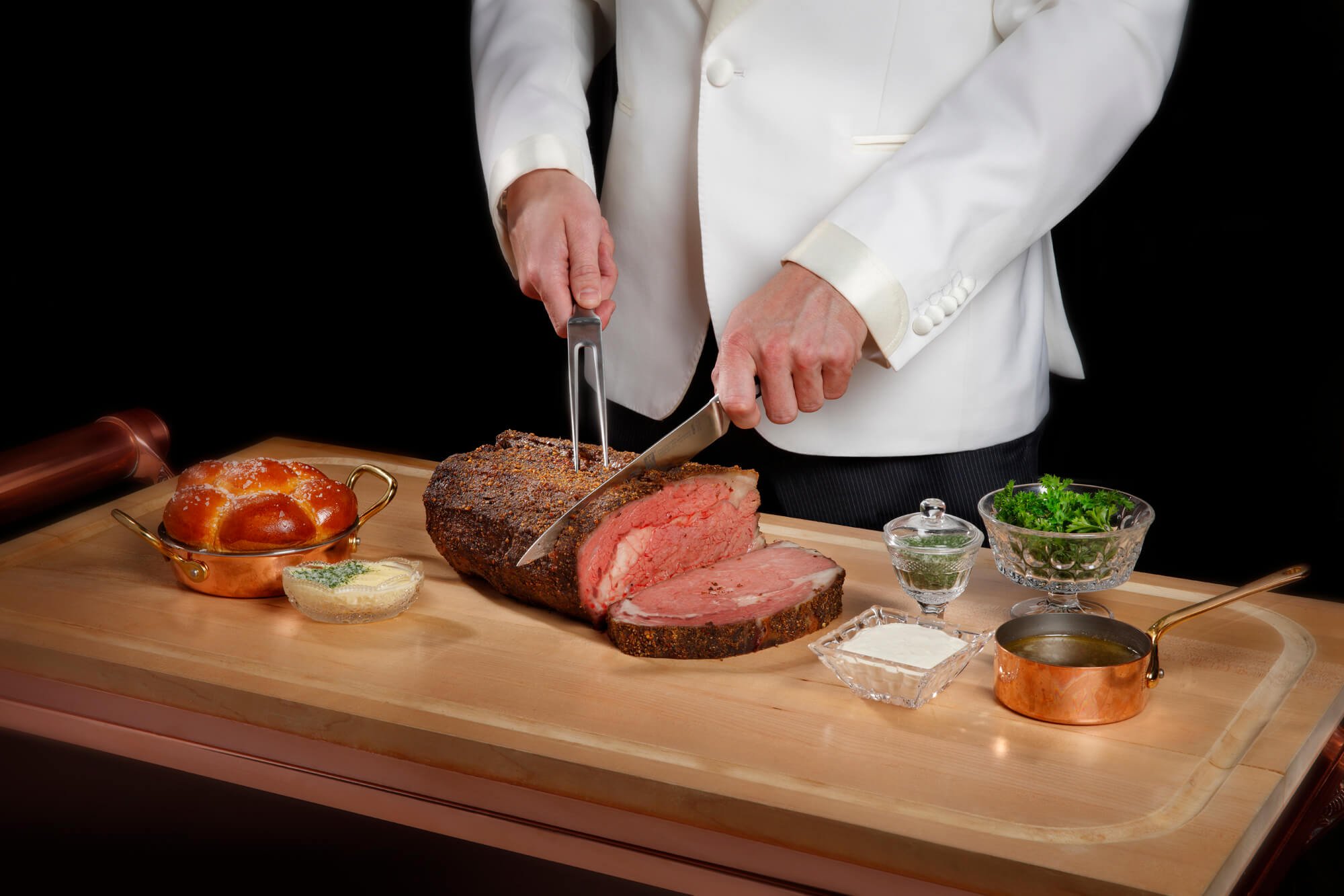 Carving prime rib on a card at The Mayfair Supper Club in Las Vegas