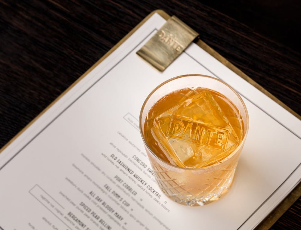 Dante Old Fashioned with branded ice on cocktail menu