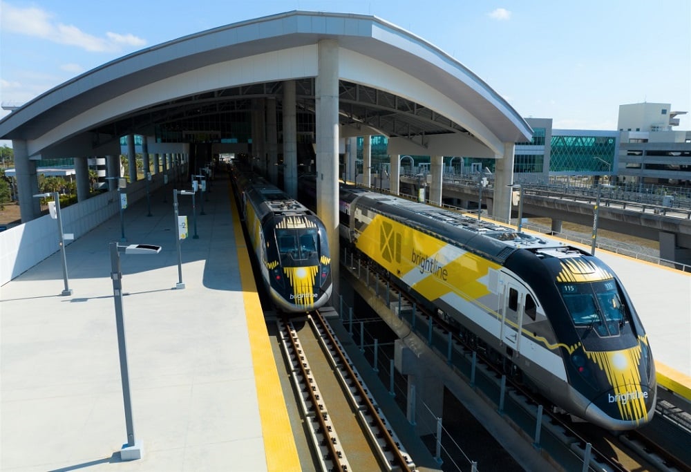 Brightline trains at the companys new station at Orlando International Airport