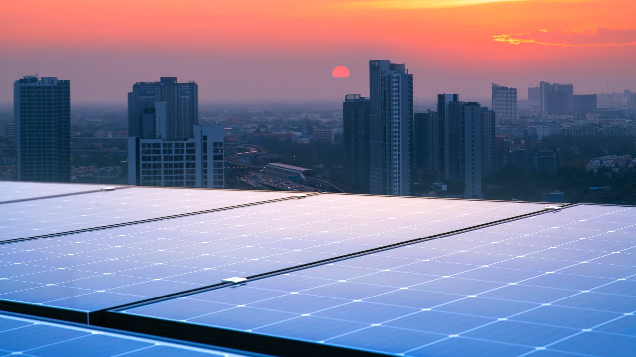 Solar panels above a city