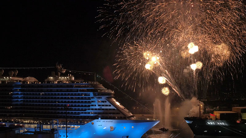 Fireworks over the MSC Seaside at a naming ceremony in Miami
