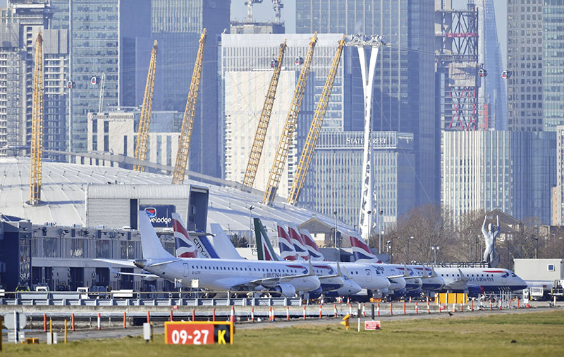 Planes on the apron at London City Airport which has been closed after the discovery of an unexploded Second World War bomb w