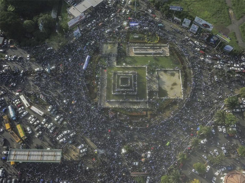 This aerial view shows of thousands of demonstrators in march against Nicaraguas President Daniel Ortega in Managua Nicarag