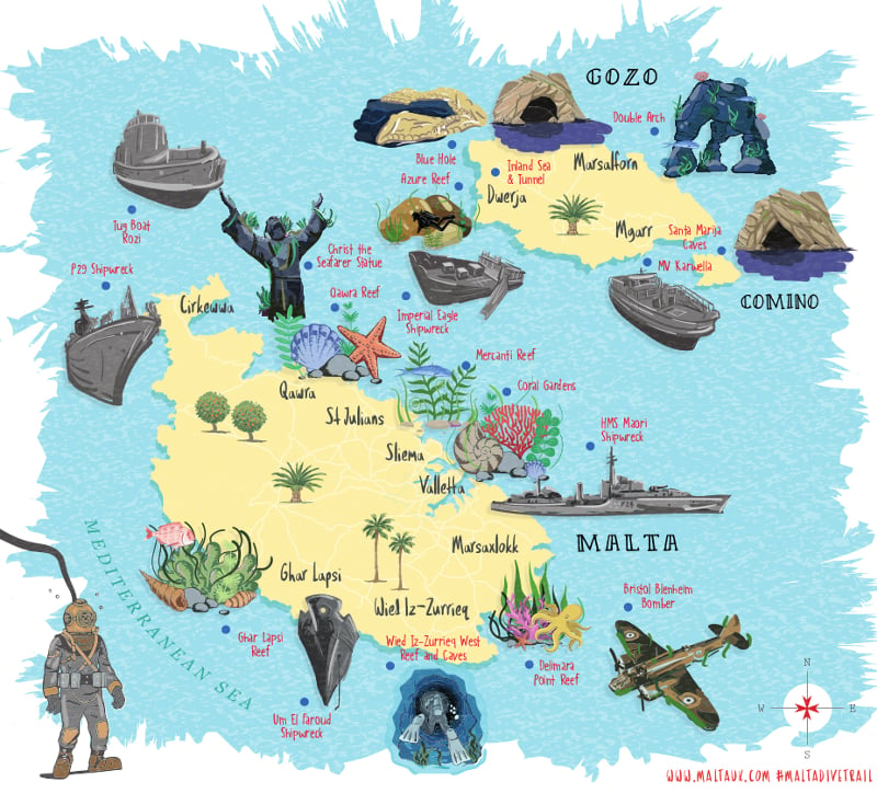 A map of Malta Tourism Authoritys Dive Trail