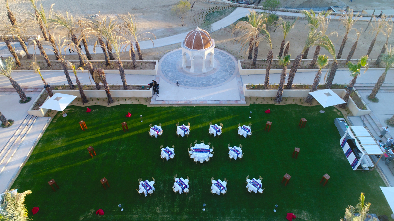 Overhead view of the gazebo and seating in a courtyard
