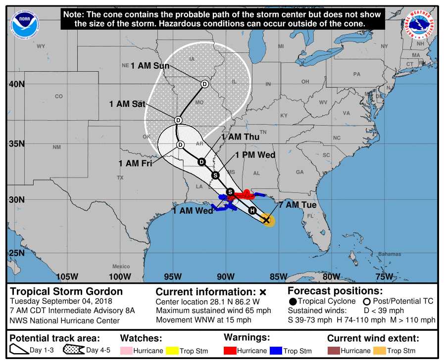 Tropical Storm Gordon Tuesday Forecast Graphic