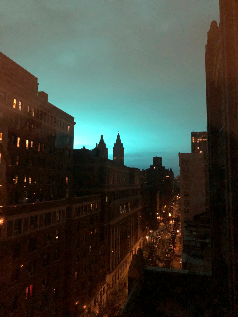 This photo shows blue light over New York as seen from Manhattan