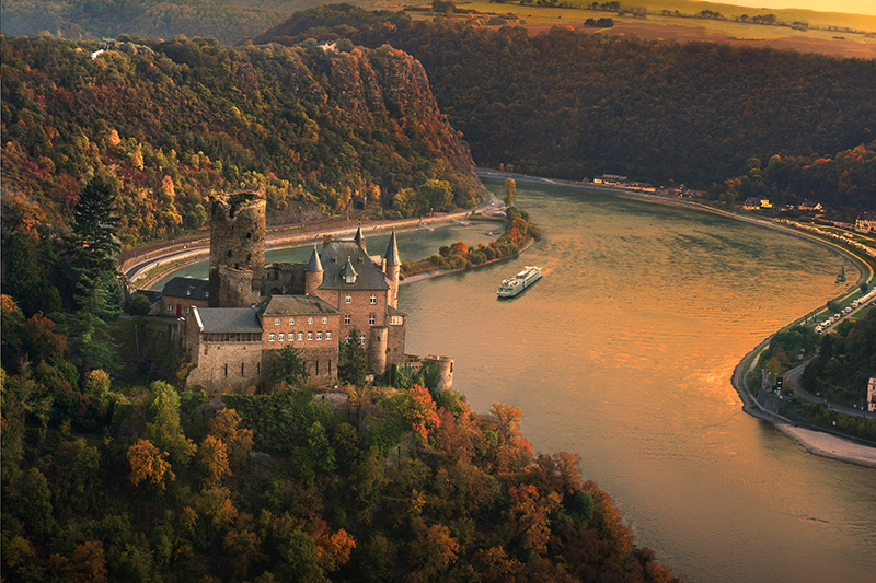 A Viking Longship on the Rhine with Katz Castle in frame