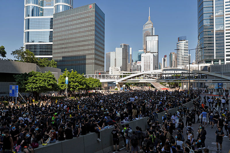 Protesters occupy the roads near the Legislative Council building and the Central Government building during the anti-extradi