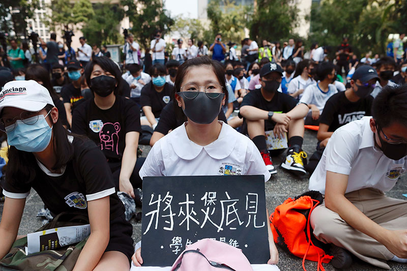 Students gather during a school childrens strike event in support of protest movement in Hong Kong on Monday