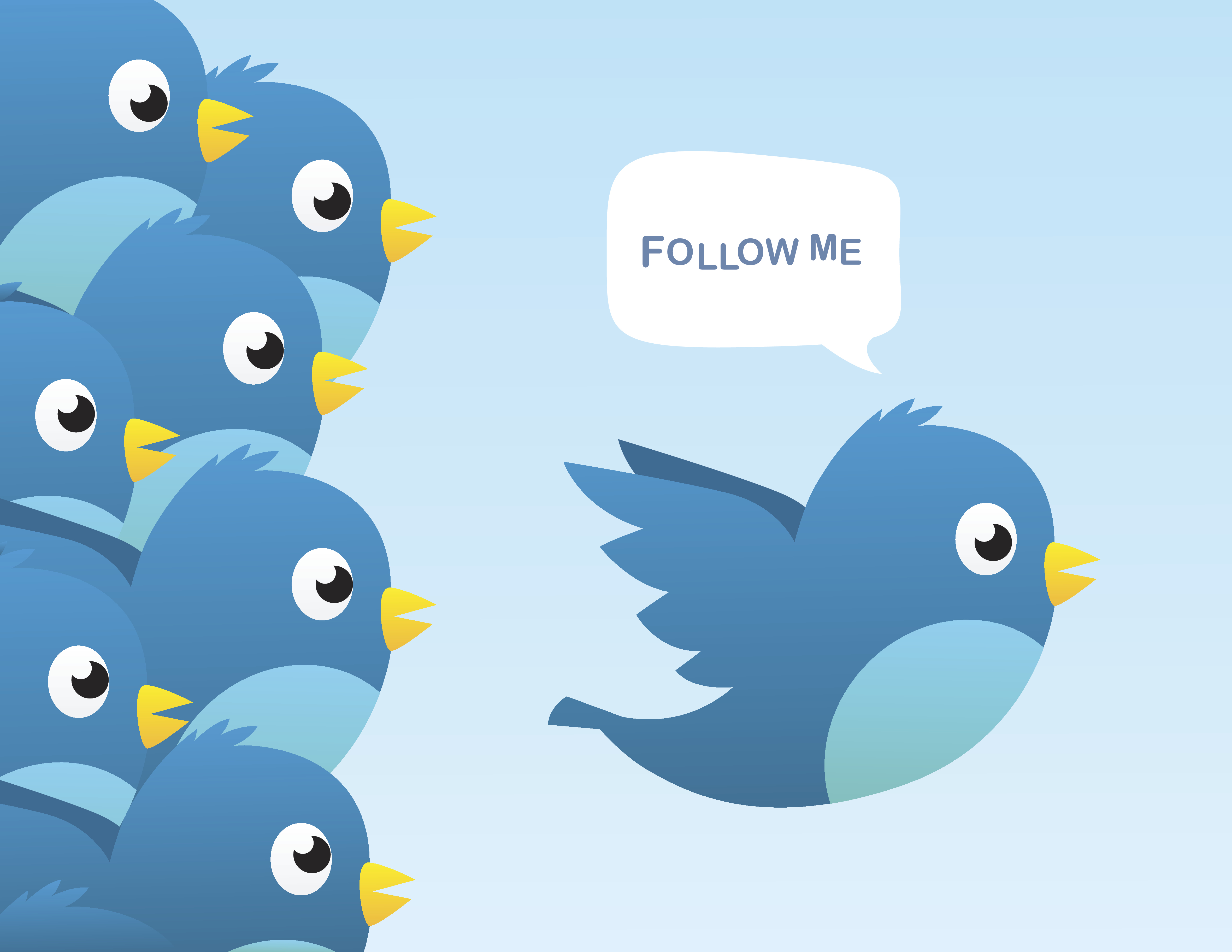 Illustration of blue Twitter bird saying follow me with a bunch of other Twitter birds behind it
