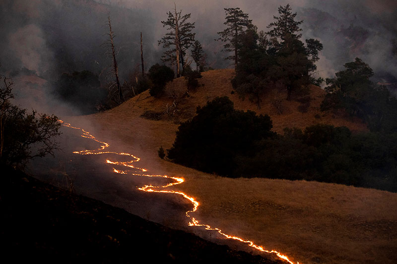 A line of fire snakes along a hillside as firefighters light backfires to slow the spread of the Kincade Fire in unincorporat