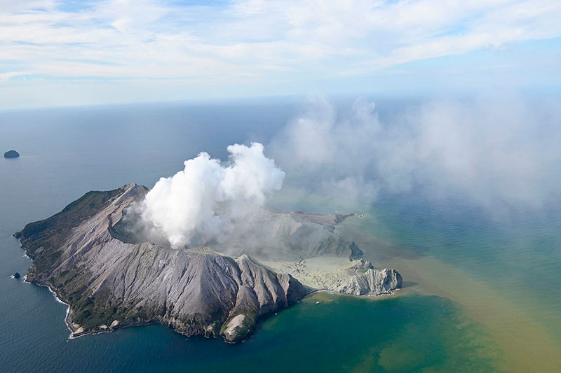 This aerial photo shows White Island after its volcanic eruption in New Zealand